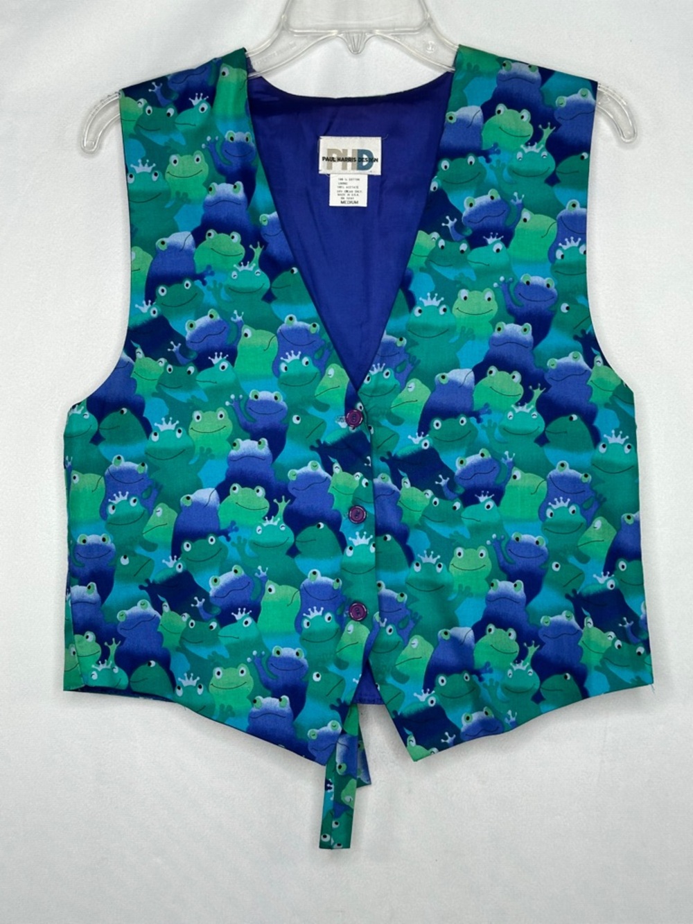 Paul Harris Design Frog Print Button Front Vest in Emerald Green & Blue Sz M